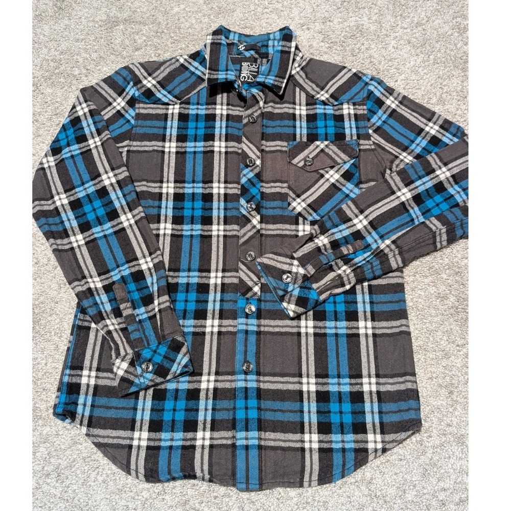 Billabong Flannel Shirt Mens Small Blue Grey Plaid Western Thick Long Sleeve